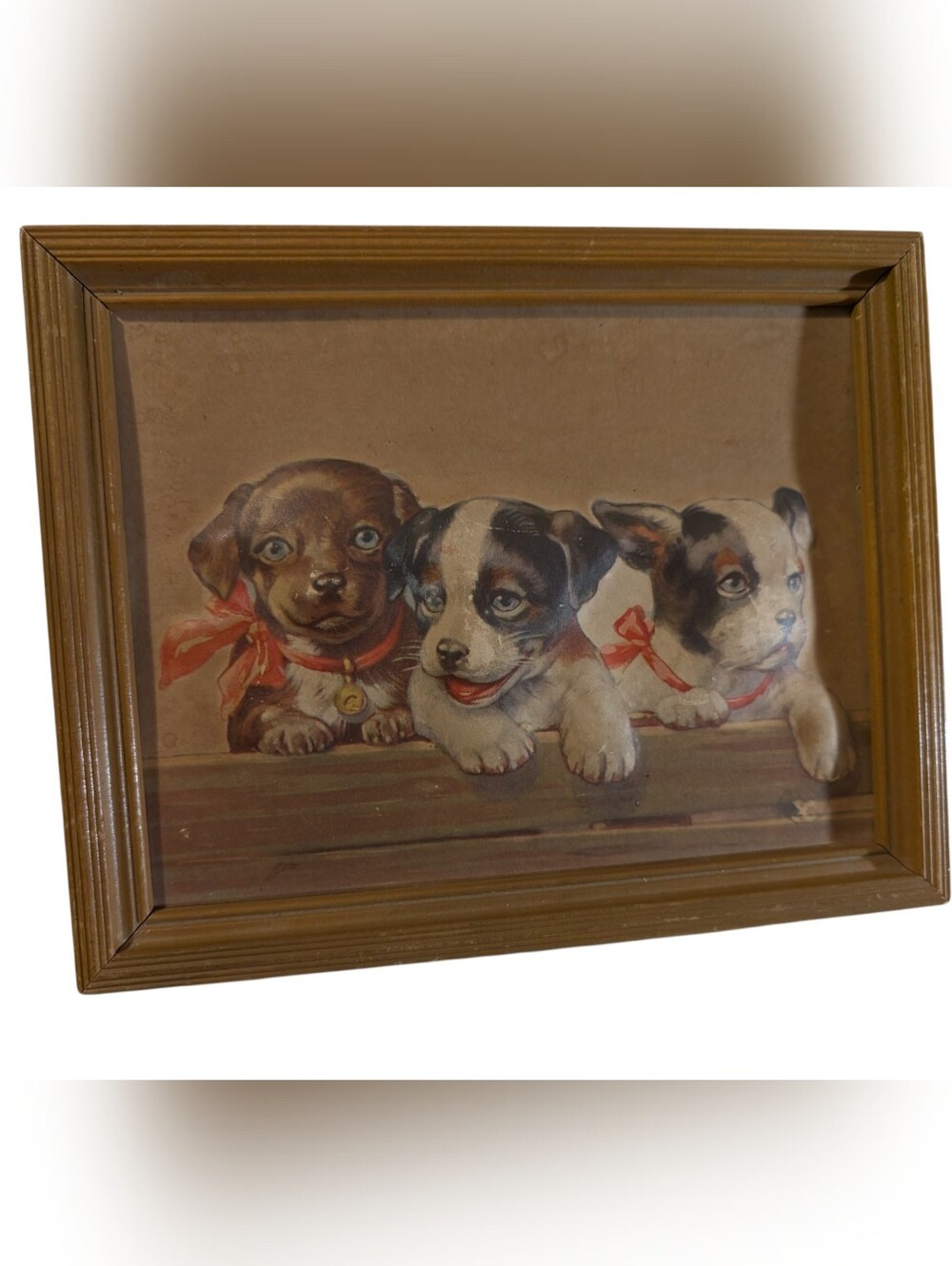 Vintage Antique 3D Embossed Puppy Dogs Wall Art Framed Lithograph Print 8x10